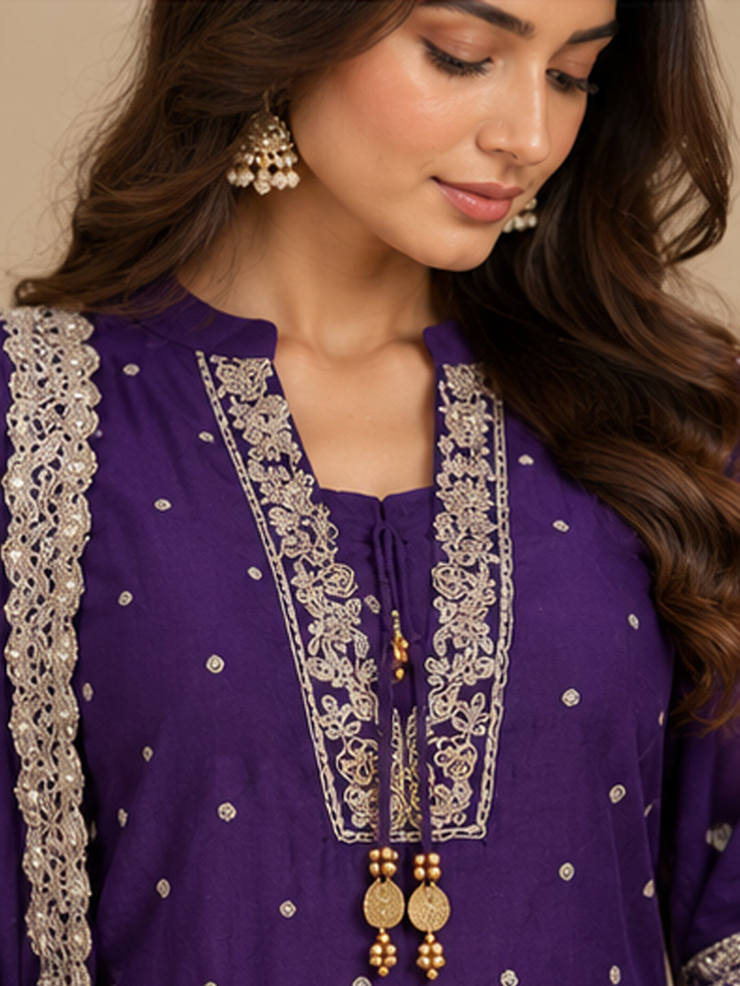 Purple Chinon Embroidered Suit