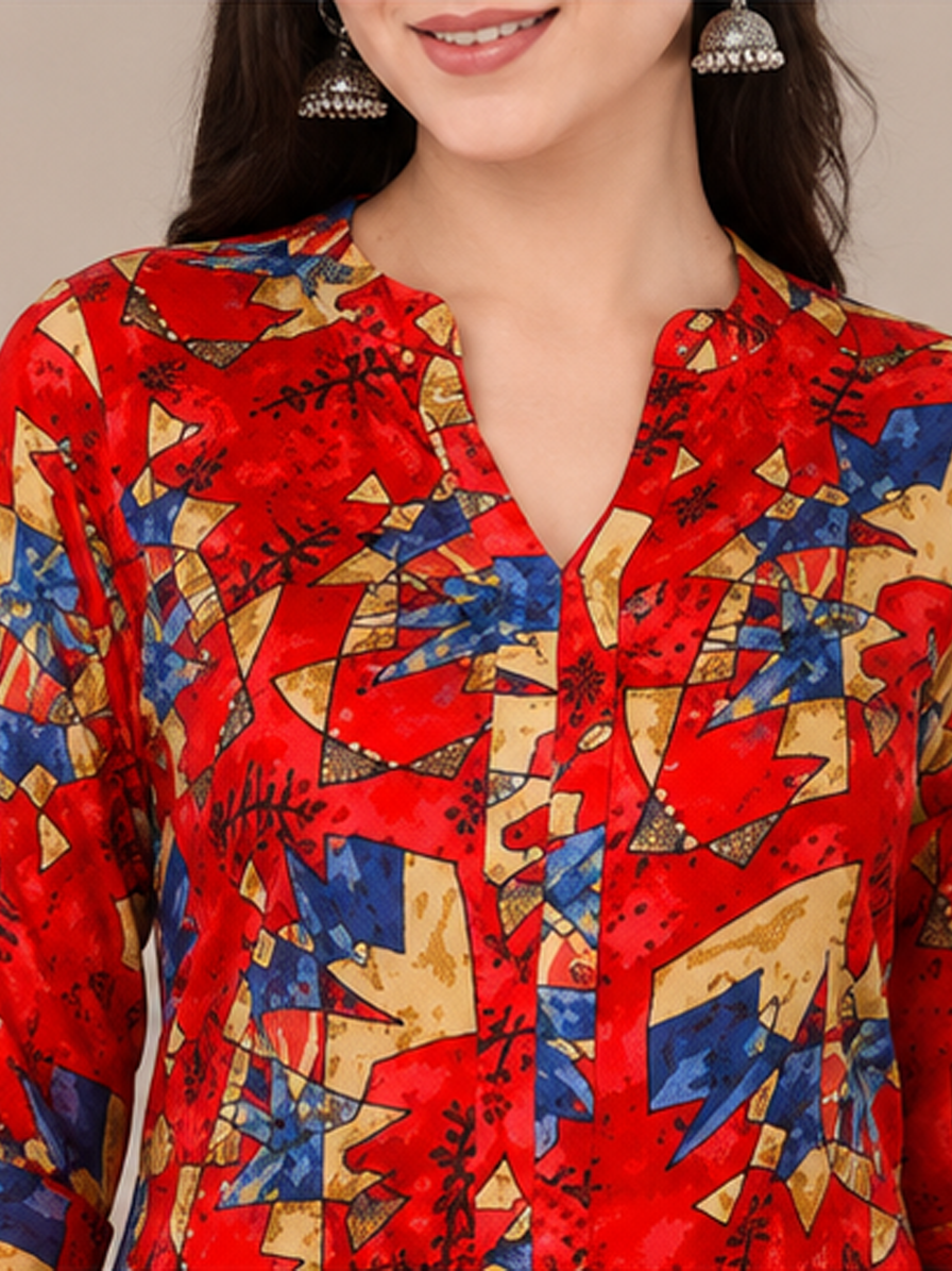 Geometric Print Straight Red Kurti