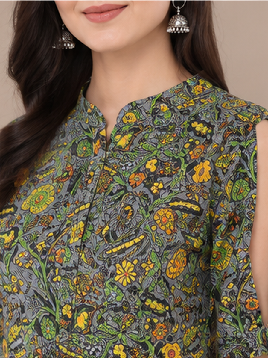 Grey Floral Print Straight Kurti