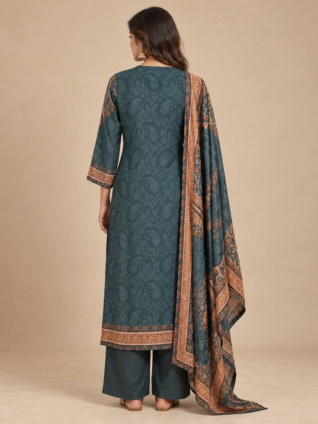 Natural Crepe Printed Embroidered Suit