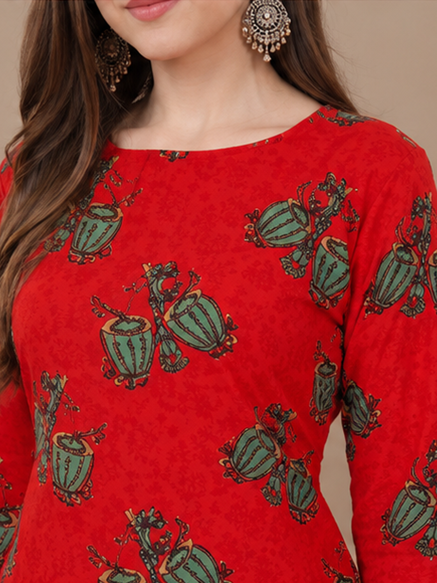 Red Printed Straight Kurti