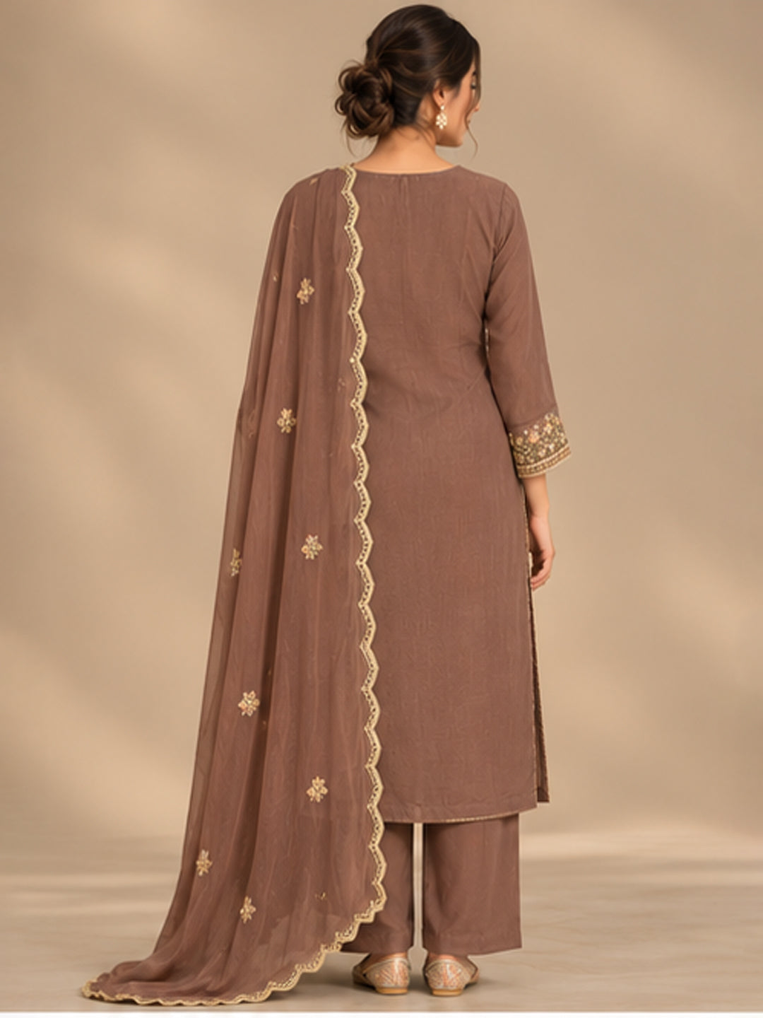 Brown Chinon Embroidered Suit