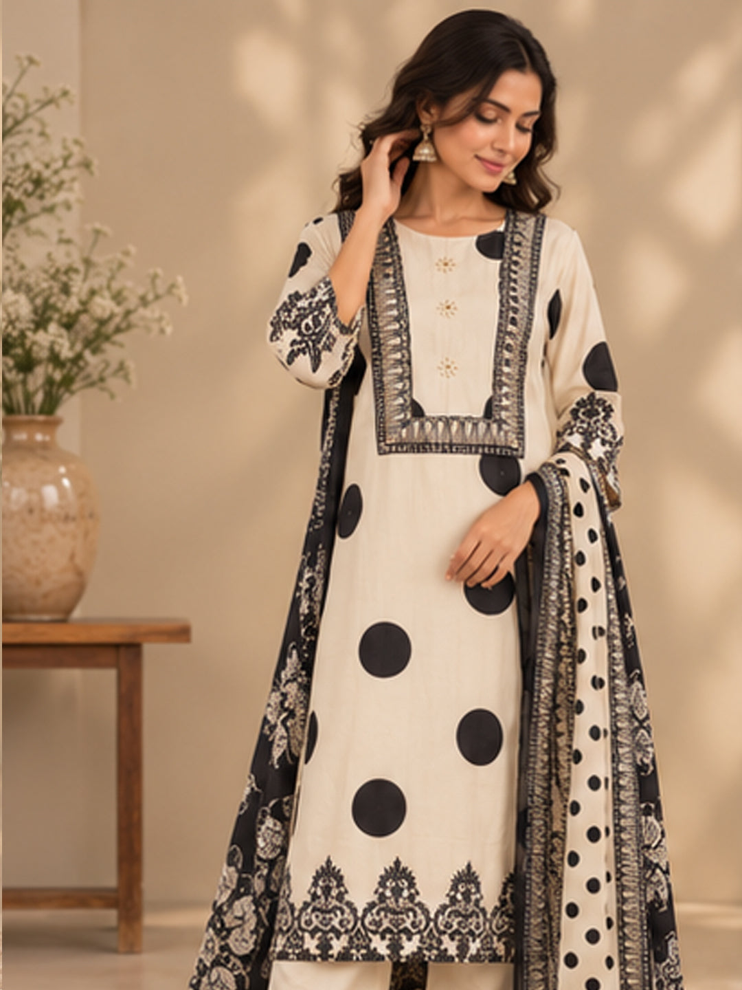 White and Black Crepe Suit Set
