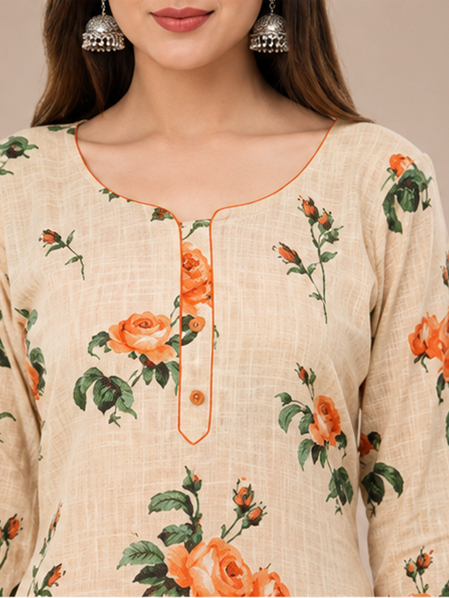 Beige Floral Kurti with Orange Trouser