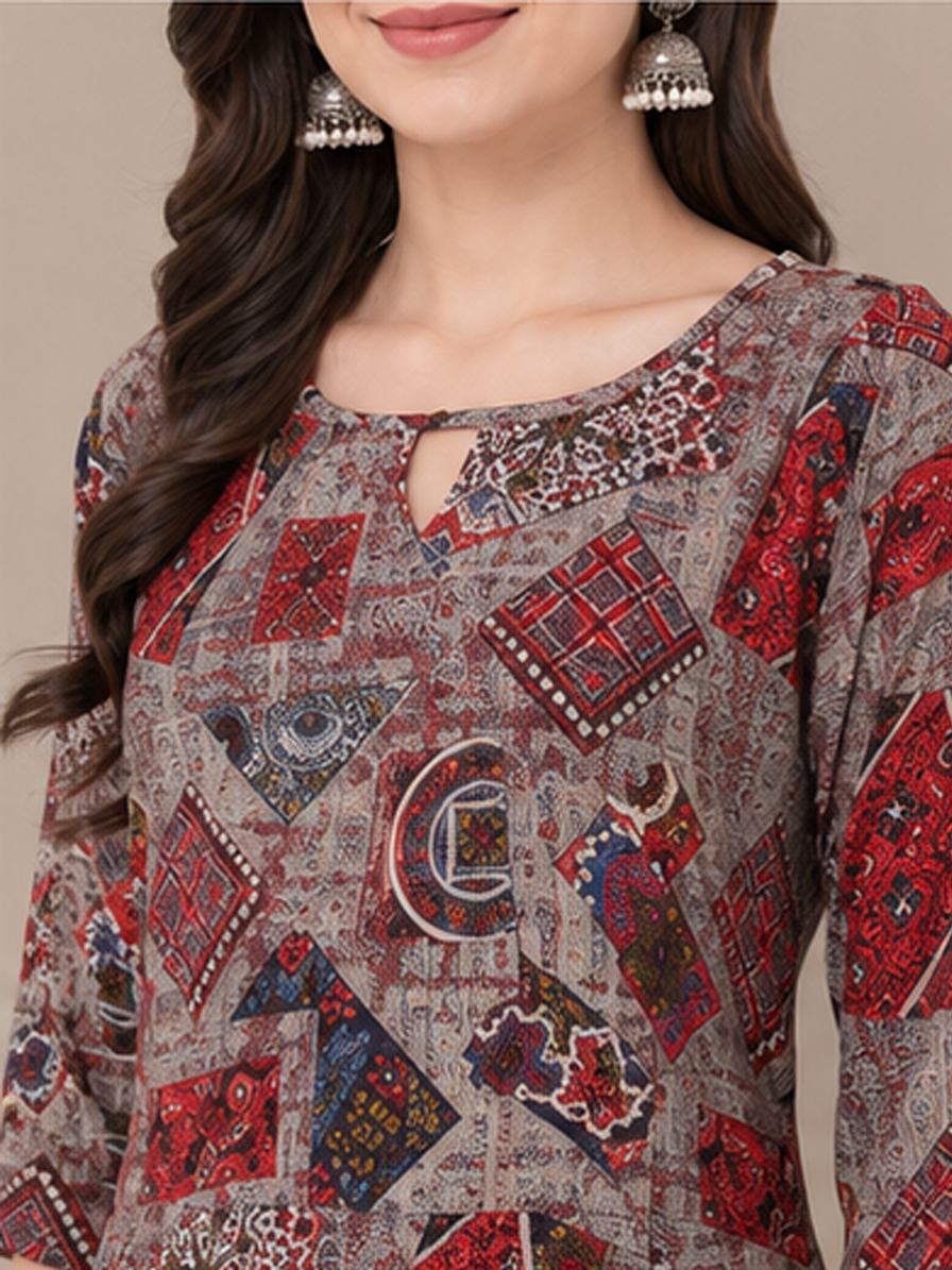 Grey Printed A-line Kurti