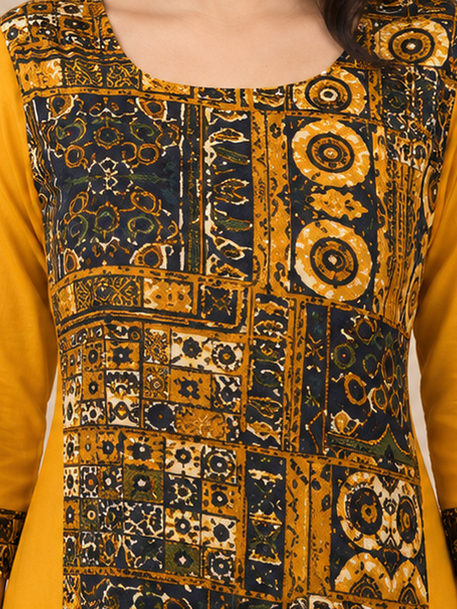 Printed Mustard A-line Kurti