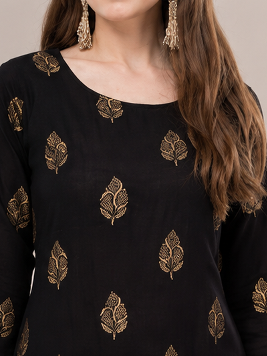 Black Foil Print Straight Kurta Palazzo Set