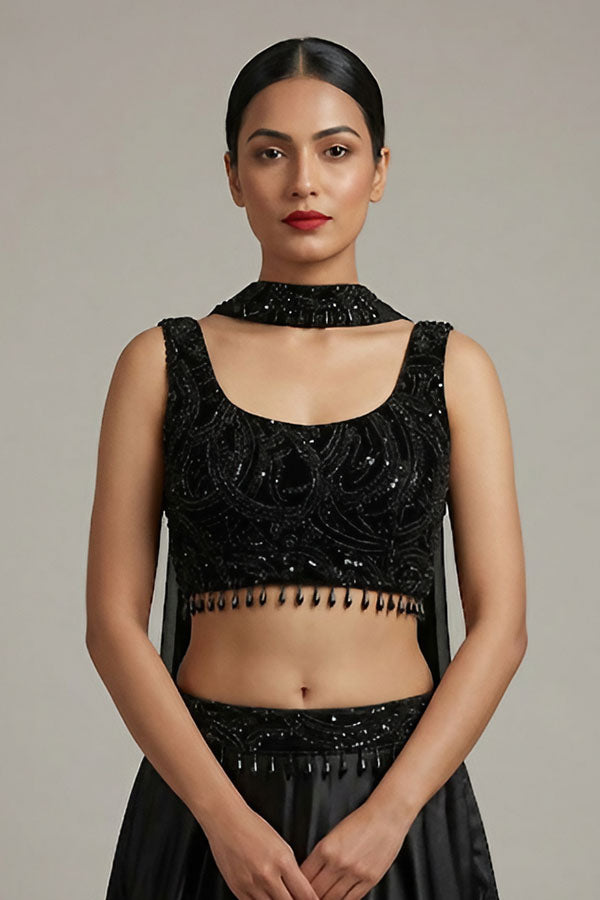 Black Metallic Organza Lehenga