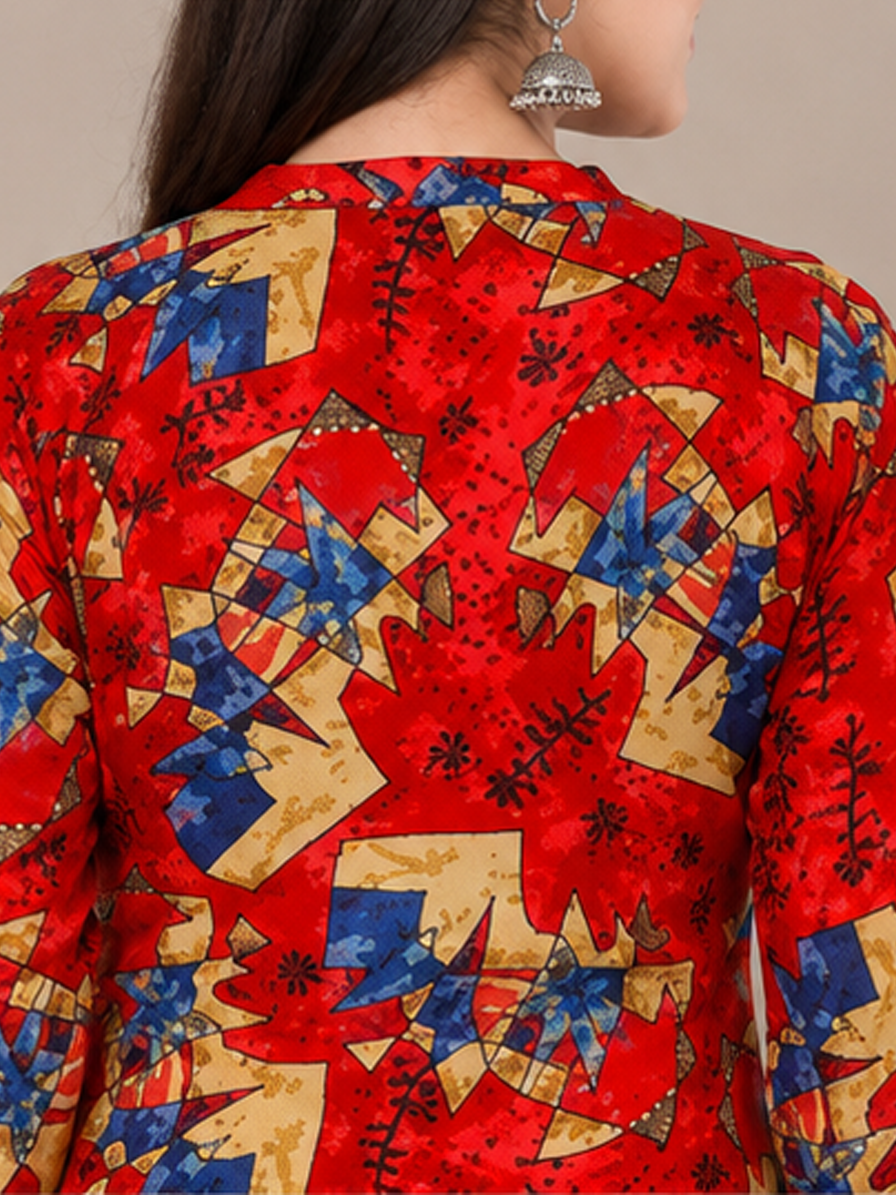 Geometric Print Straight Red Kurti