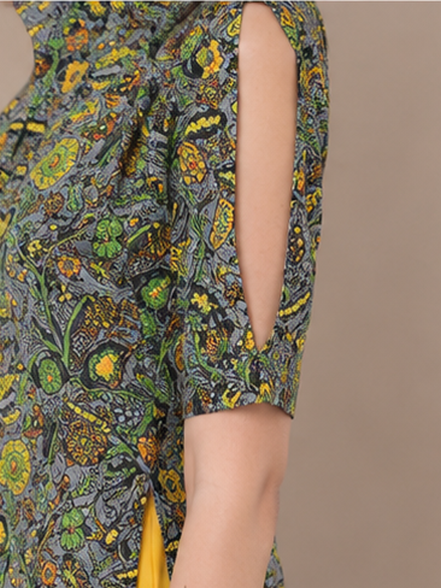 Grey Floral Print Straight Kurti