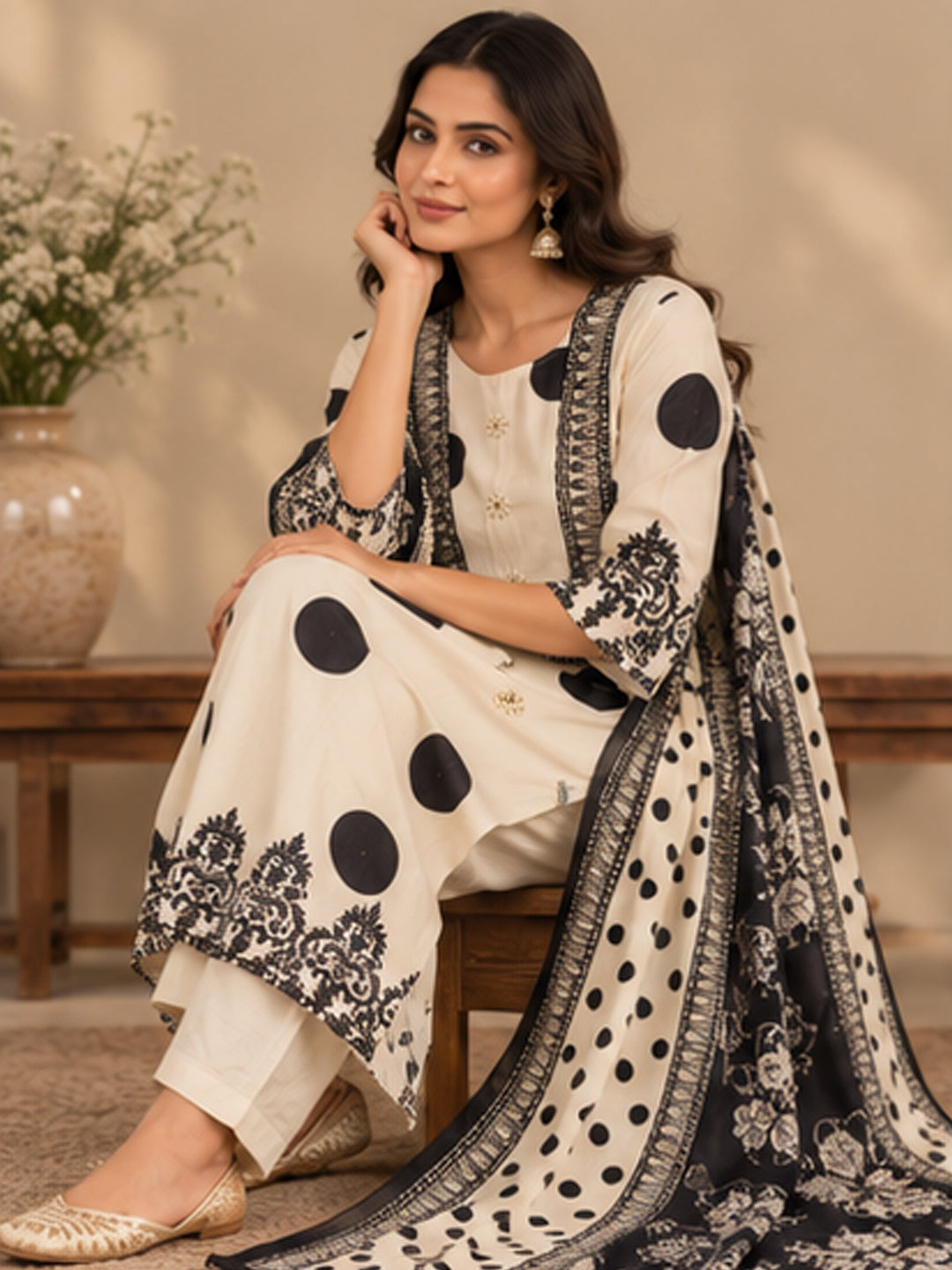 White and Black Crepe Suit Set