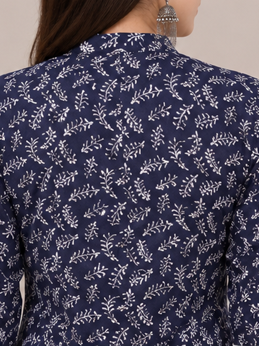 Blue Printed Cotton Straight Kurti