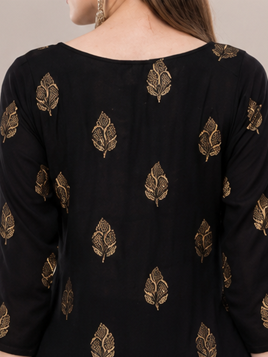 Black Foil Print Straight Kurta Palazzo Set