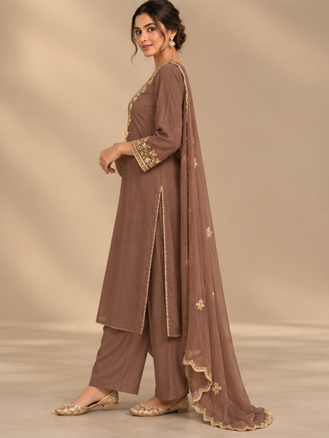 Brown Chinon Embroidered Suit