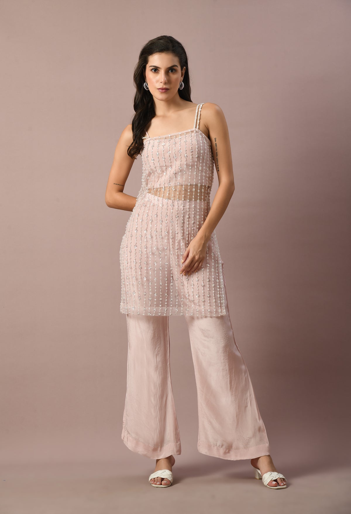 Mini Net Suit Baby Pink Embroidered Net Suit with Crop Top & Trouser | Mezenor