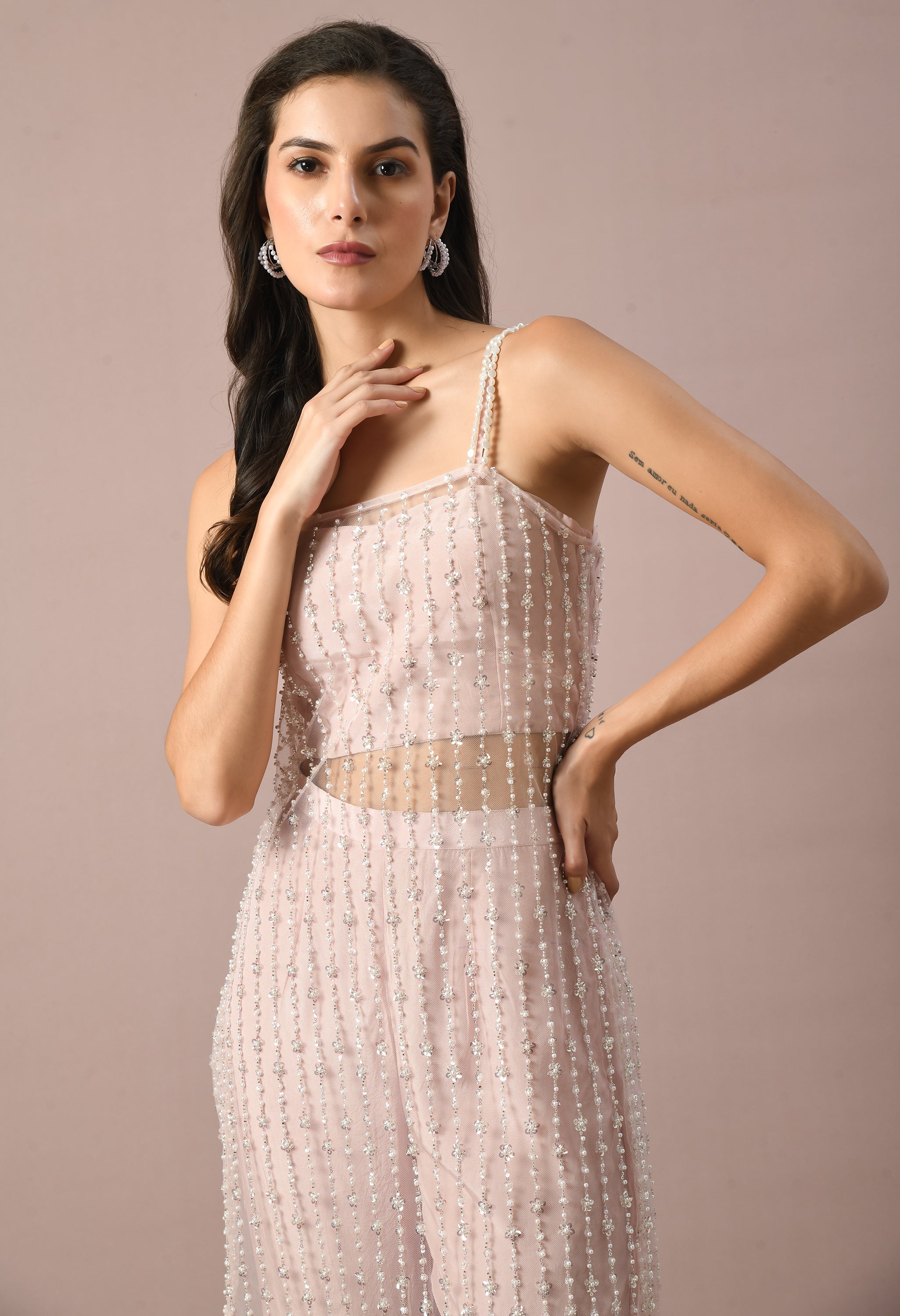 Baby Pink Embroidered Net Suit with Crop Top & Trouser