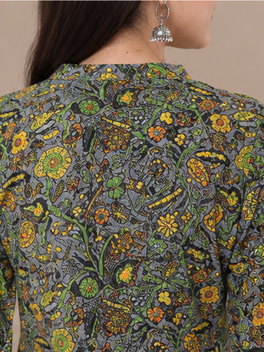 Grey Floral Print Straight Kurti
