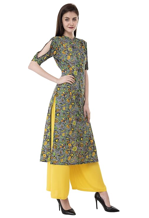 Grey Floral Print Straight Kurti