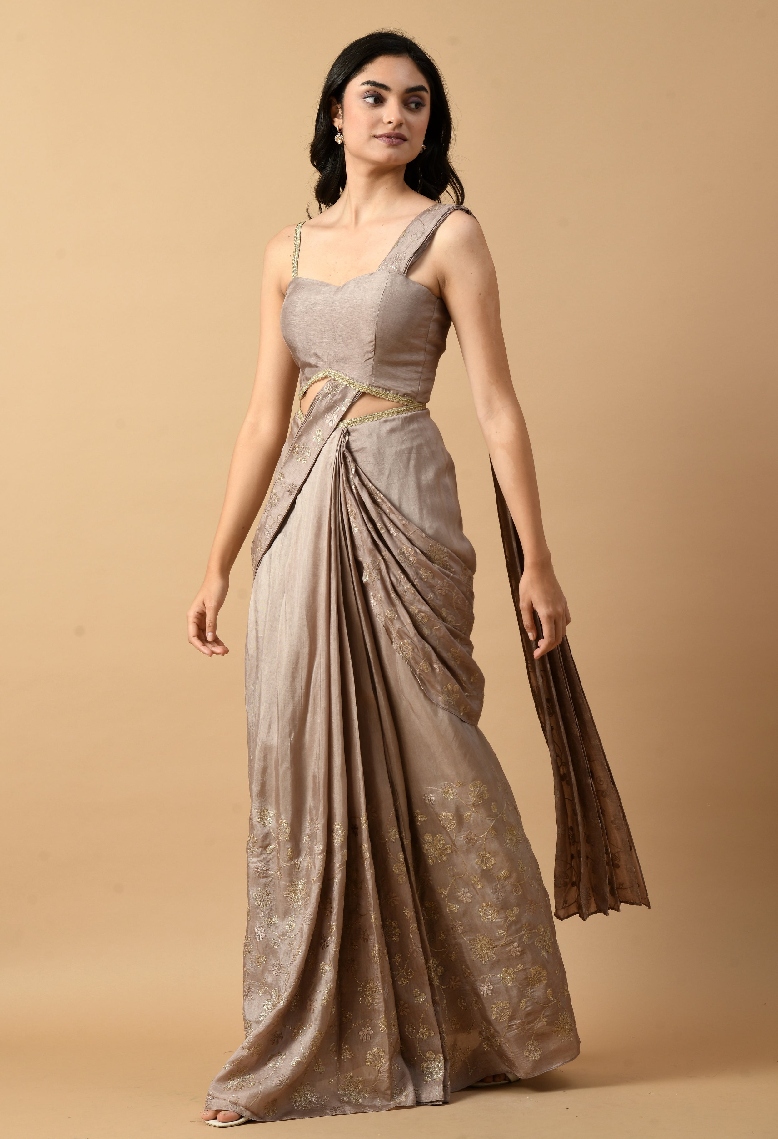 Brown Embroidered Draped Saree Dress | Mezenor Brown Embroidered Draped Saree Dress | Mezenor