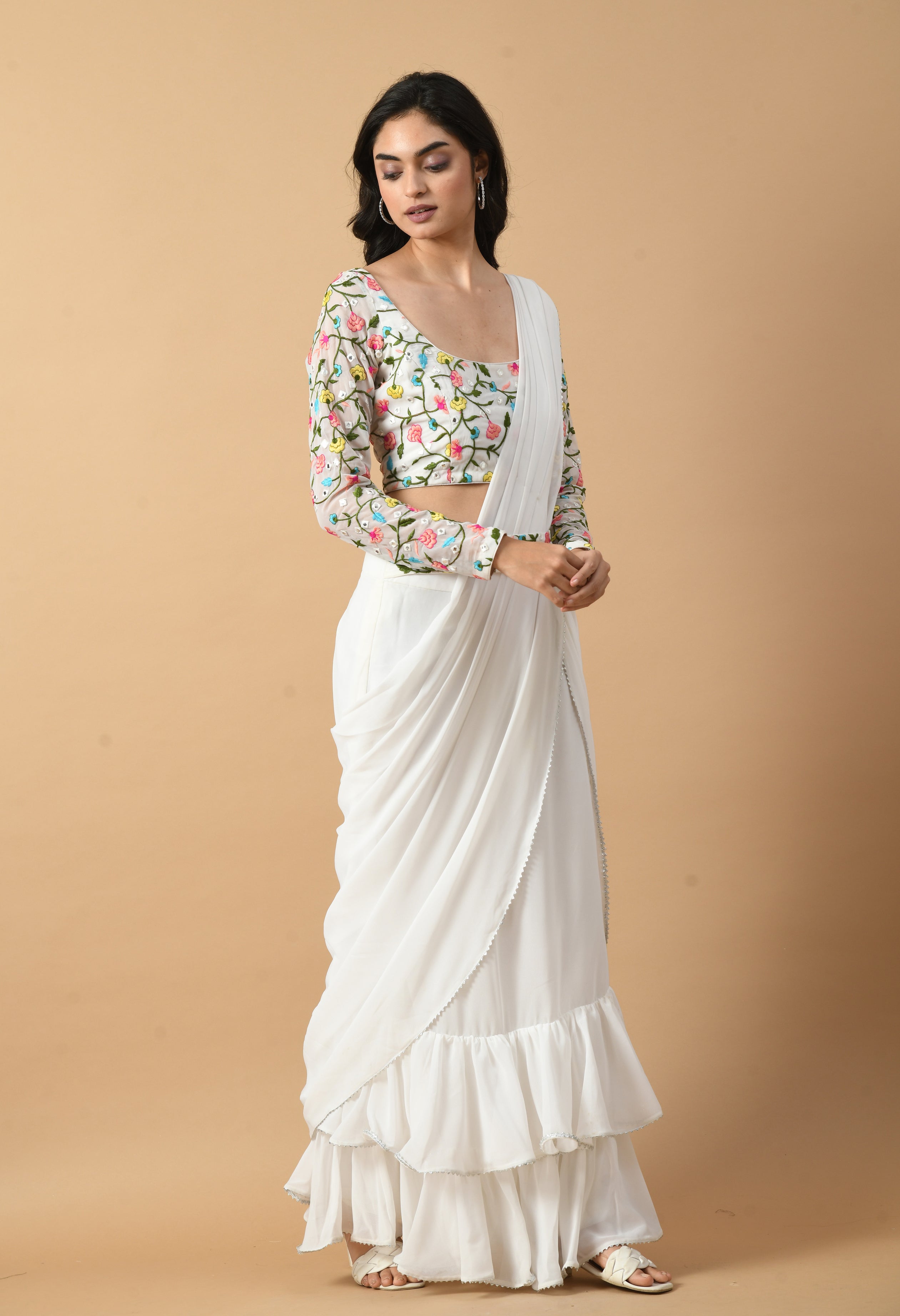 White Georgette Drape Saree