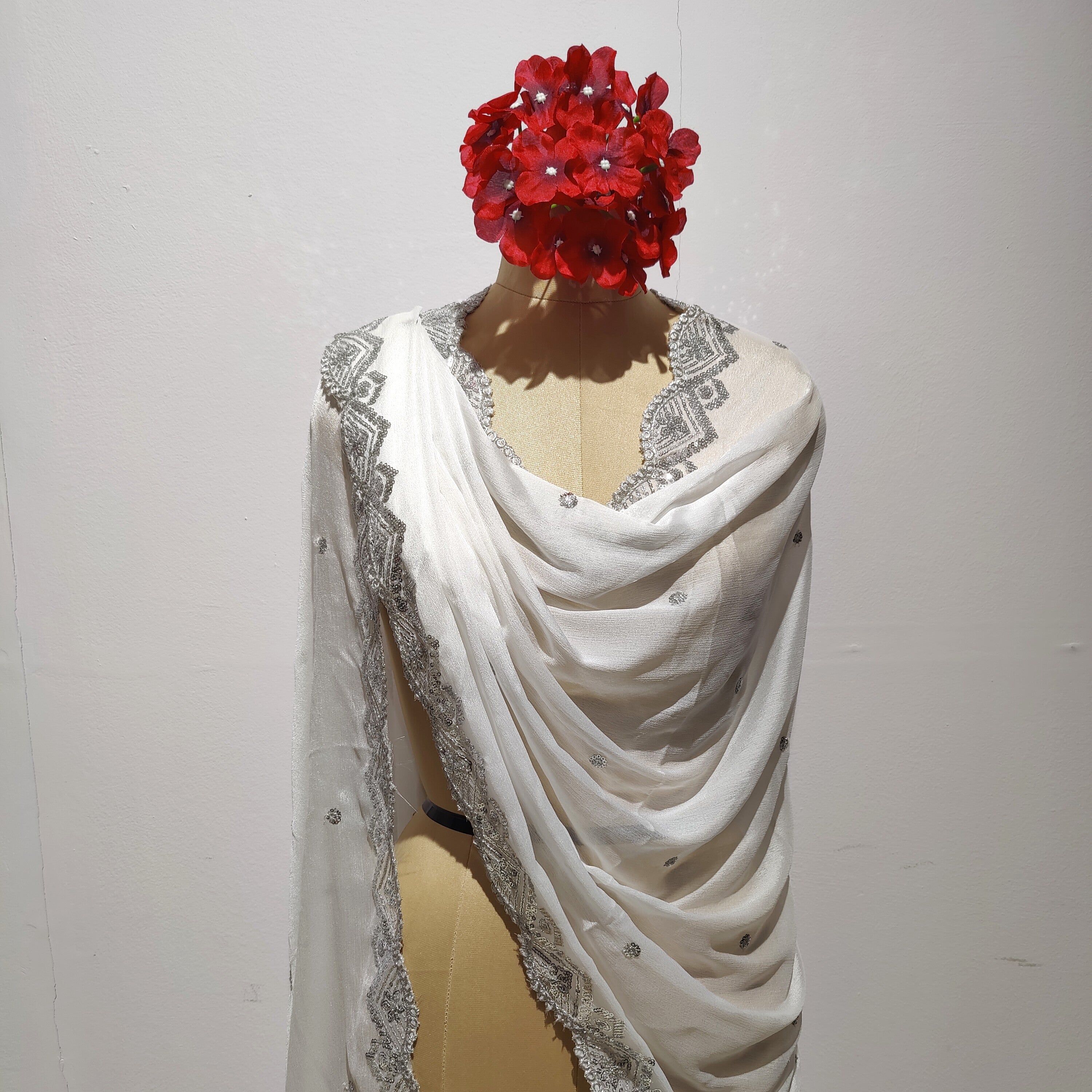 Silver Embroidered Chiffon Dyeable Dupatta